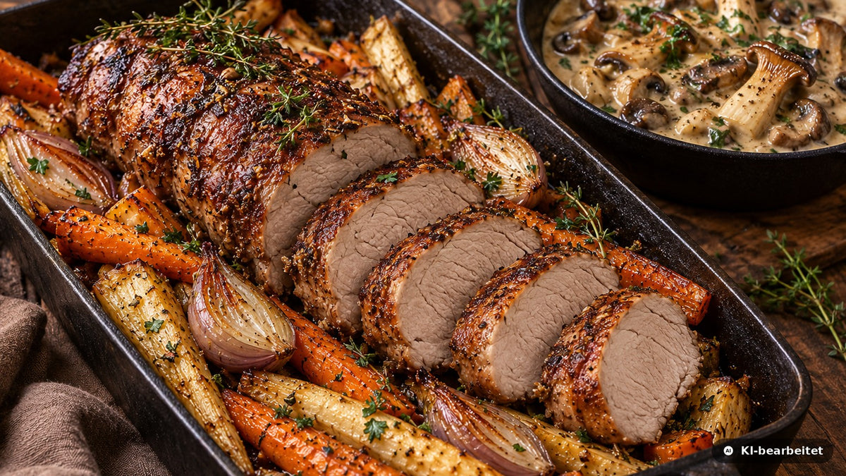 Vollständig durchgegarter Wildschweinrücken in Scheiben auf geröstetem Wurzelgemüse im gusseisernen Bräter, daneben Pilz-Rahmsauce
