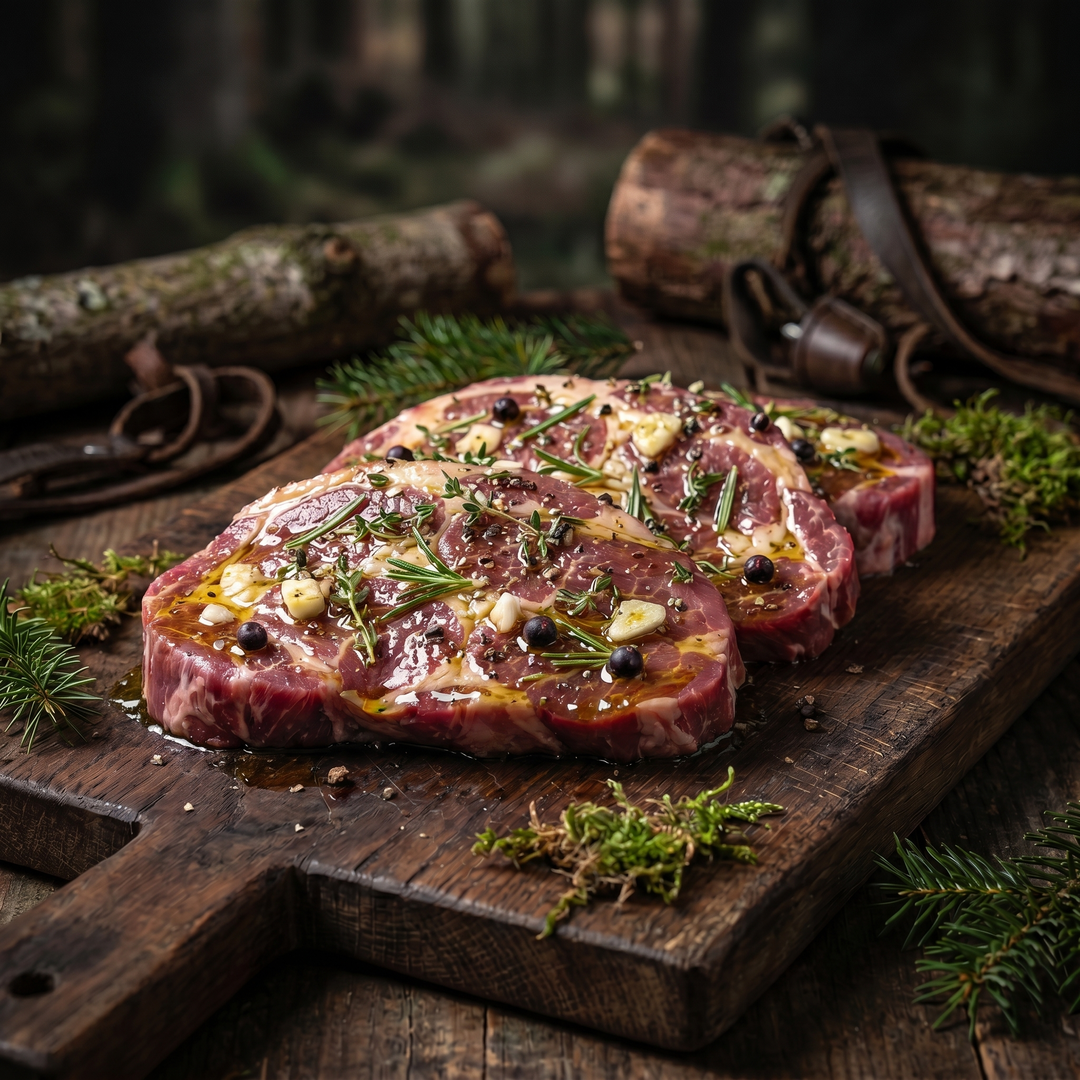 Mariniertes Wildschwein-Nackensteak roh – Komponente des Sommer-Grillpakets von Weidewild.