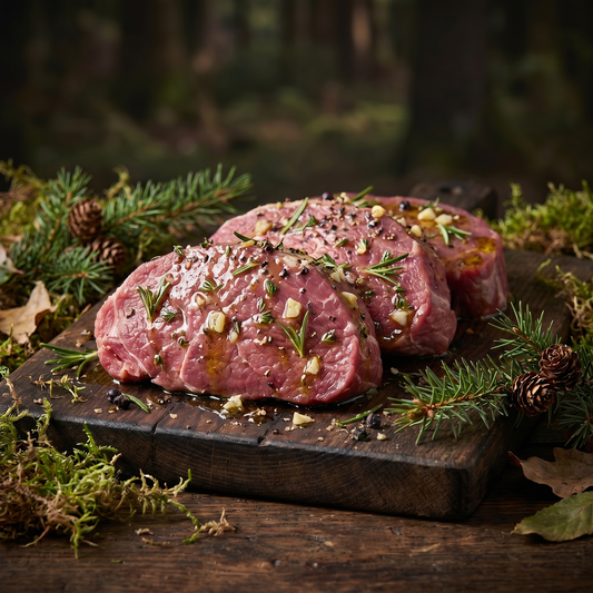 Wildschwein-Rückensteak mariniert, roh auf Schieferplatte – Premium-Cut vom Schwarzwild aus den Bayerischen Staatsforsten von Weidewild.