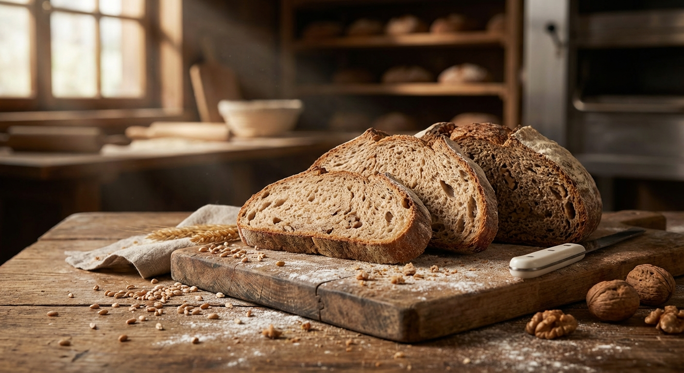 Rustikales Bauernbrot auf Holzbrett mit Weizenähren und Walnüssen, ideal zu Wildfleisch von Weidewild.