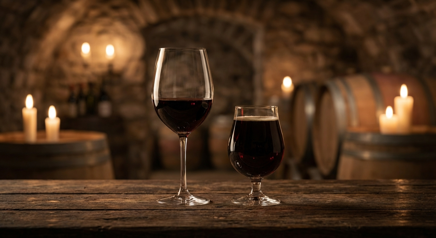 Weidewild: Rotwein und dunkles Bier auf rustikalem Holztisch im Weinkeller, ideal zu Wildbret wie Rehrücken.