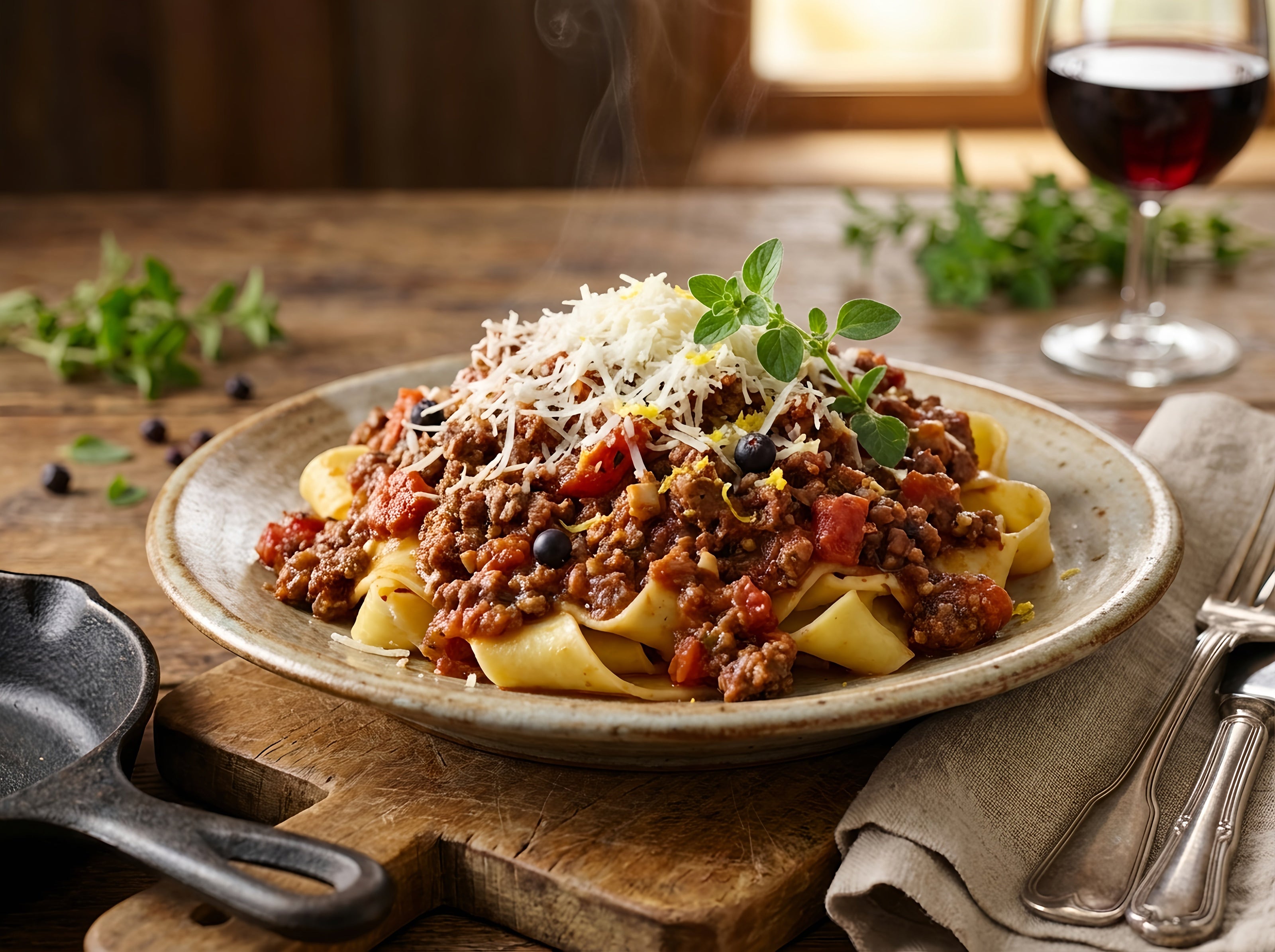 Weidewild Wildschwein-Bolognese mit frischen Kräutern und geriebenem Käse auf breiten Nudeln, rustikal angerichtet.