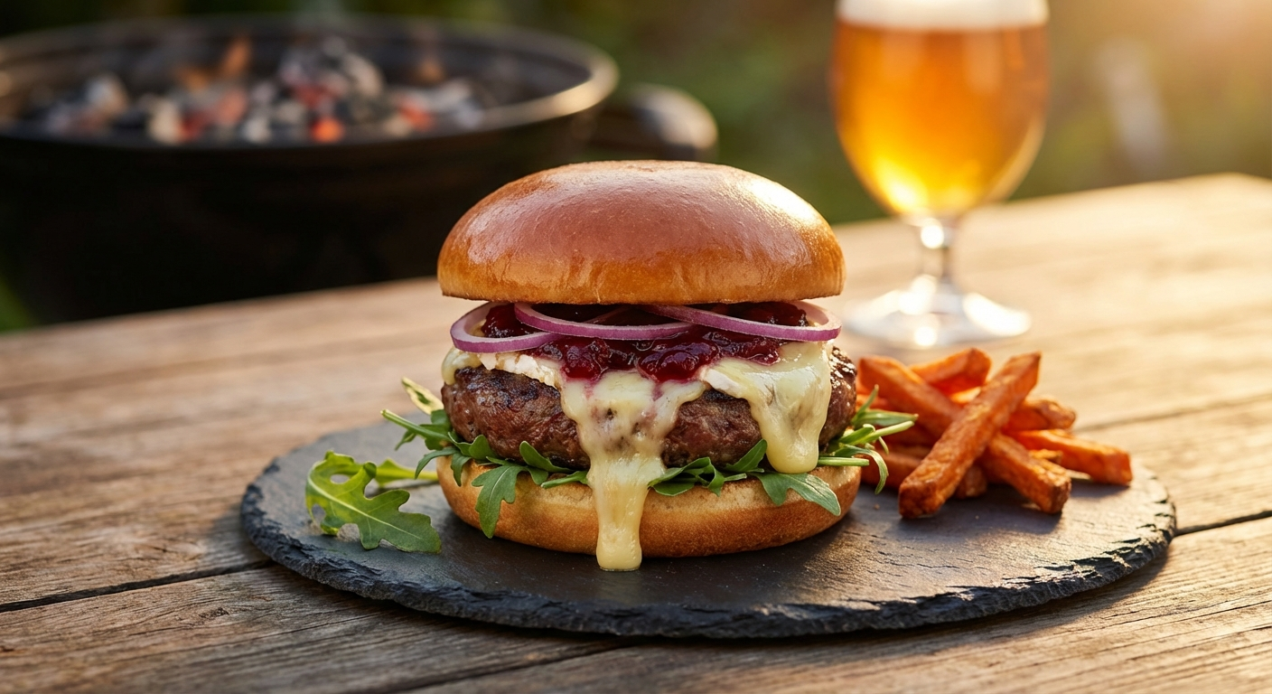 Weidewild Hirschburger mit geschmolzenem Käse, Preiselbeeren und Rucola, dazu Süßkartoffelpommes und Bier.
