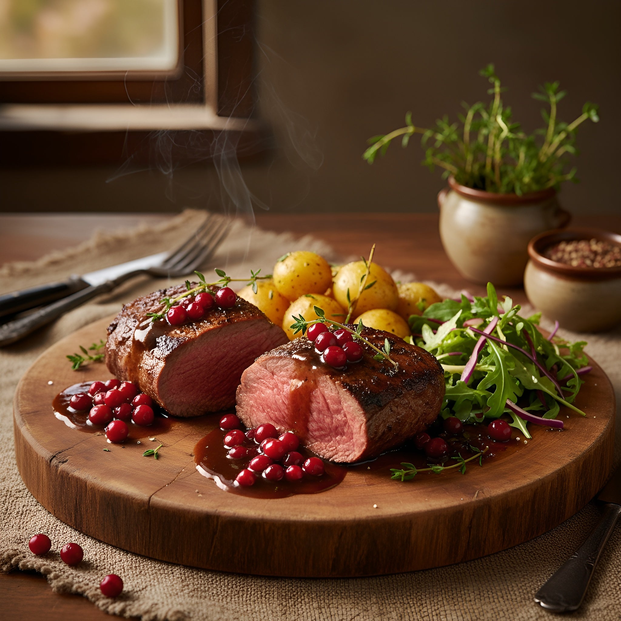 Weidewild Hirschrücken mit Preiselbeeren, Kartoffeln und Salat auf Holzbrett, rustikales Wildfleisch Gericht aus Bayern