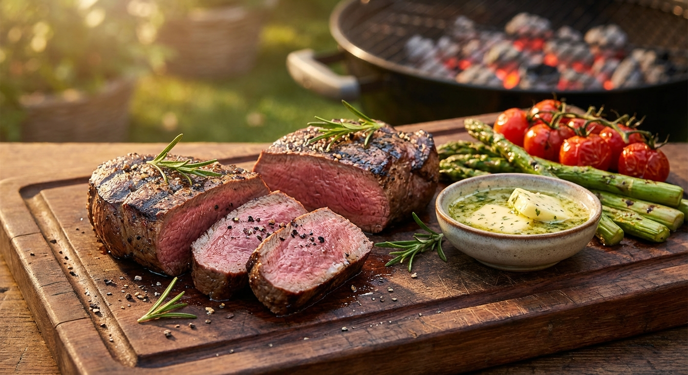 Weidewild Hirschsteak vom Grill, perfekt medium gegart mit Rosmarin, Spargel, Tomaten und Kräuterbutter.