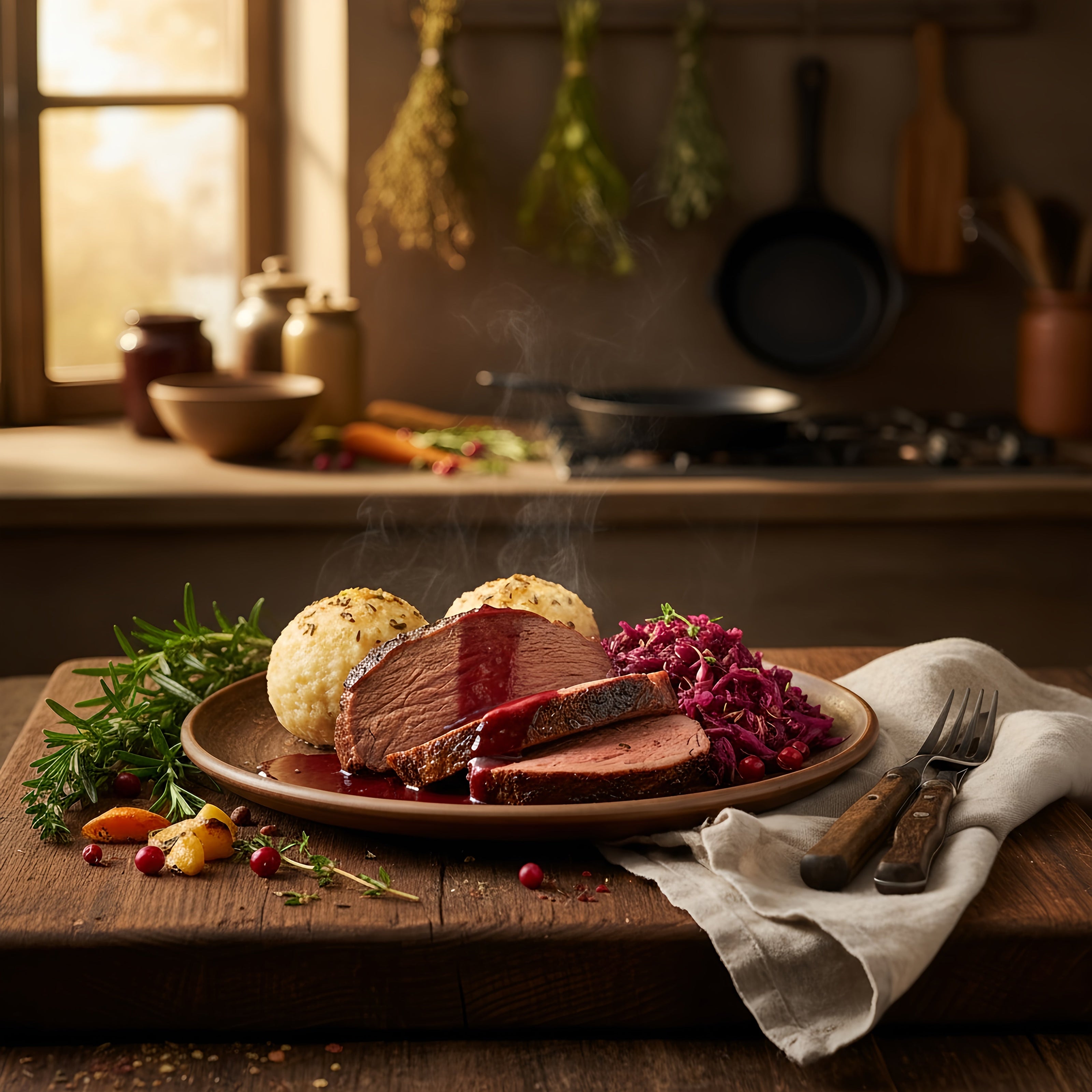Rustikaler Rehbraten von Weidewild mit Rotkohl, Knödeln und Preiselbeersauce, dampfend auf Holzbrett in Küche.