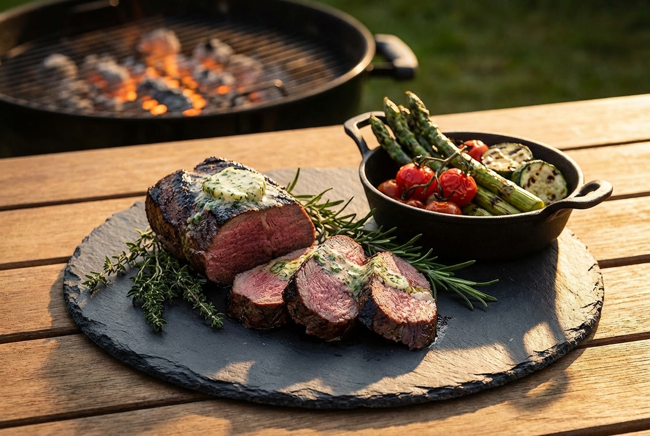 Gegrillter Rehrücken von Weidewild mit Kräuterbutter, Rosmarin und gegrilltem Spargel, Zucchini, Tomaten.